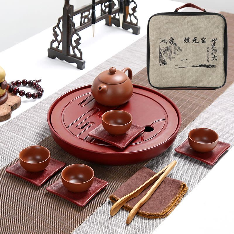 紫砂茶具套装便携旅行茶具商务送礼品带旅行包密安茶盘图片
