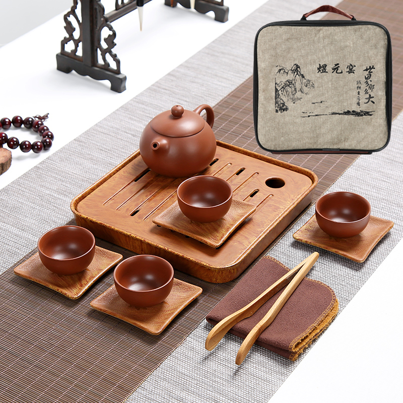 紫砂茶具套装便携旅行茶具商务送礼品带旅行包密安茶盘颜色3