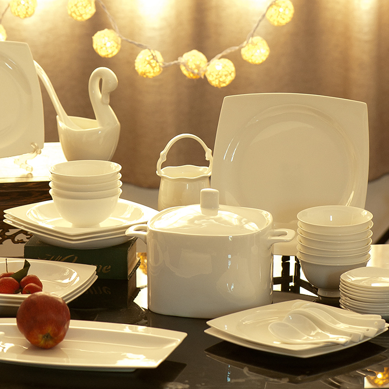 58头高档骨瓷餐具纯白碗碟套装家用碗盘景德镇瓷器可微波炉