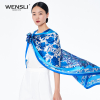 万事利WENSLI真丝素绉缎丝巾长巾围巾披肩复古青花瓷中风国文艺青花记忆