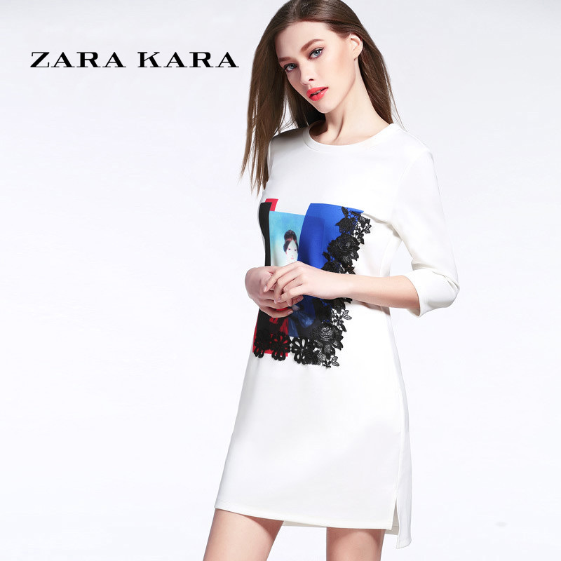 ZARA KARA春秋季印花a字针织连衣裙时尚气质OL修身显瘦2018秋装新款女装