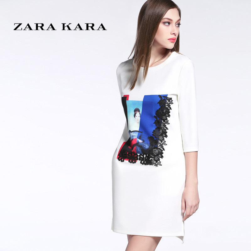 ZARA KARA春秋季印花a字针织连衣裙时尚气质OL修身显瘦2018秋装新款女装