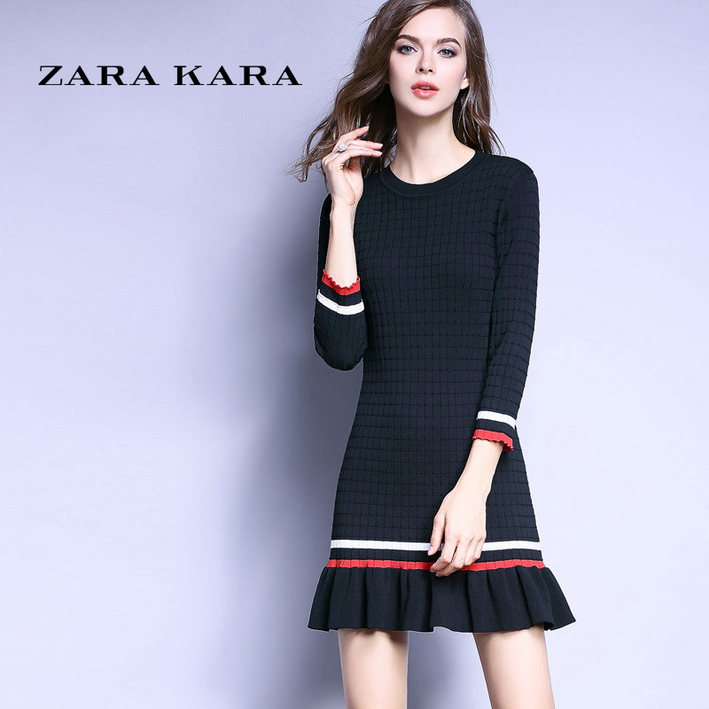 ZARA KARA荷叶边修身包臀针织连衣裙鱼尾显瘦气质一步裙2018春装新款女装