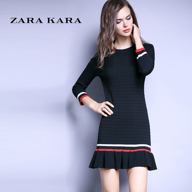 ZARA KARA荷叶边修身包臀针织连衣裙鱼尾显瘦气质一步裙2018春装新款女装