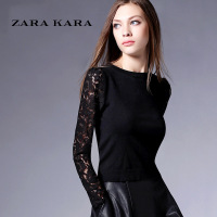 ZARAKARA 蕾丝拼接毛衣女套头韩版修身针织打底衫圆领长袖黑线衣20...