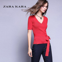 ZARA KARA2018春装新款系带交叉V领针织衫女套头修身毛衣打底衫上衣