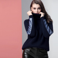 ZARAKARA2018春装新款拼接pu皮高领针织衫女套头加厚保暖毛衣打...