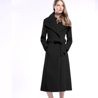 ZARAKARA2018春装新款大翻领毛呢大衣女超长款修身显瘦系带呢子外...