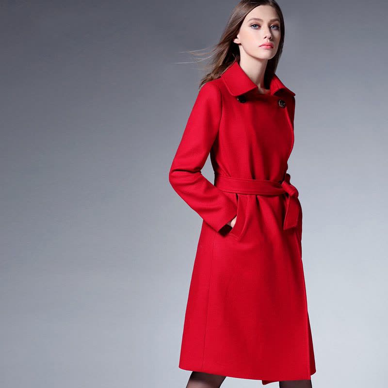 ZARAKARA2018春装新款系带羊毛呢大衣女中长款红色修身显瘦呢子外...图片