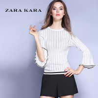 ZARAKARA喇叭袖条纹毛衣套头修身显瘦打底衫气质针织衫2018秋冬新