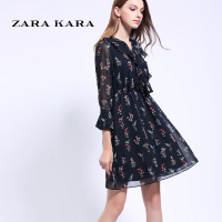 ZARA KARA 时尚印花雪纺连衣裙七分喇叭袖V领性感女收腰显瘦2018春装新款