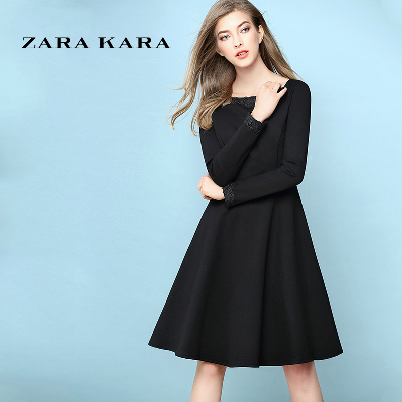ZARA KARA 蕾丝连衣裙黑色修身显瘦长袖A字裙休闲时尚短裙子2018春季女装