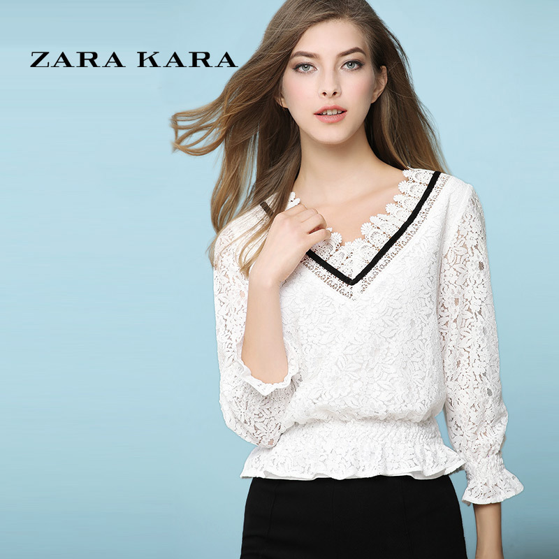 ZARA KARA喇叭袖V领镂空蕾丝衫女士长袖收腰显瘦打底衫百搭小衫2018春装