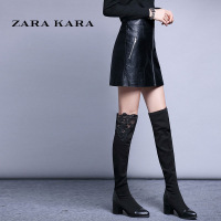 ZARAKARA前拉链高腰半身裙PU小皮裙包臀A字裙子半裙黑色短裙女修身...