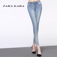 ZARAKARA 镶钻钉珠弹力百搭浅色牛仔裤女装水洗磨破2018春秋季小...