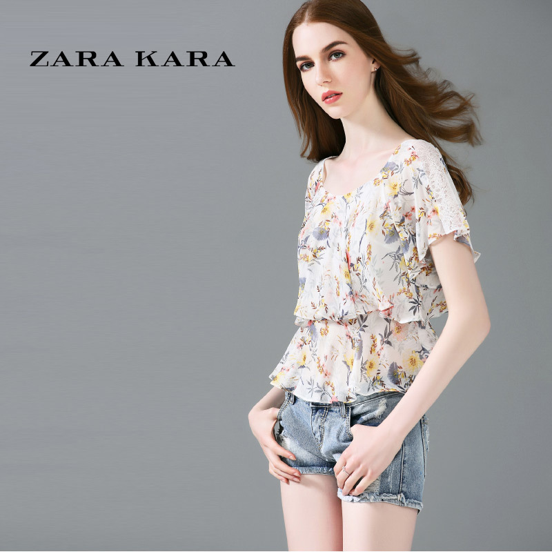 ZARA KARA 荷叶边上衣碎花印花雪纺衫短袖宽松露背百搭2018夏装新款女装潮