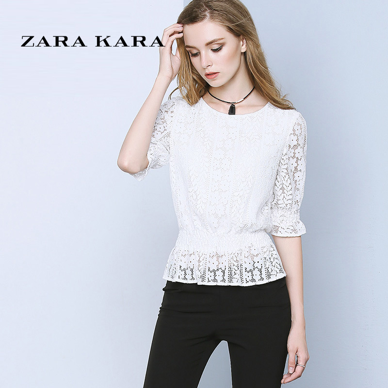 ZARA KARA镂空荷叶边蕾丝衫打底长袖白色修身显瘦上衣小衫百搭2018春装女