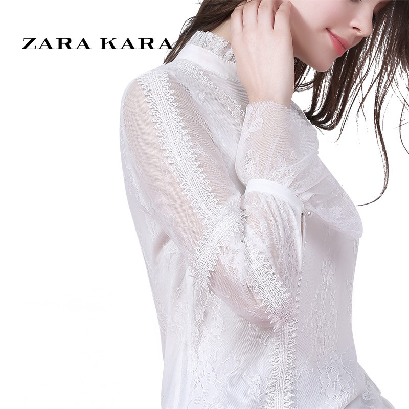 ZARA KARA 喇叭袖网纱拼接蕾丝衫长袖修身白色小衫上衣淑女气质春装打底衫