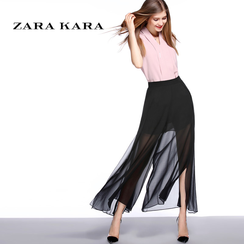 ZARA KARA 雪纺阔腿裤女装网纱开叉九分裤镂空休闲裤2018春秋季女装裤子B