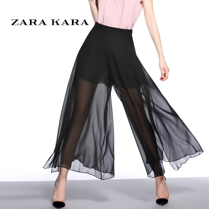 ZARA KARA 雪纺阔腿裤女装网纱开叉九分裤镂空休闲裤2018春秋季女装裤子B