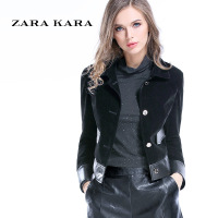 ZARAKARA拼接加绒短外套pu皮加厚修身显瘦黑色小香风外衣2018春...