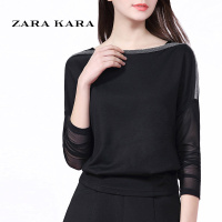 ZARA KARA一字肩T恤网纱蕾丝打底衫长袖女宽松露肩上衣韩版2018春季新款