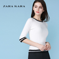 ZARA KARA条纹T恤中长袖打底衫女圆领白色时尚上衣百搭薄款潮2018春新款