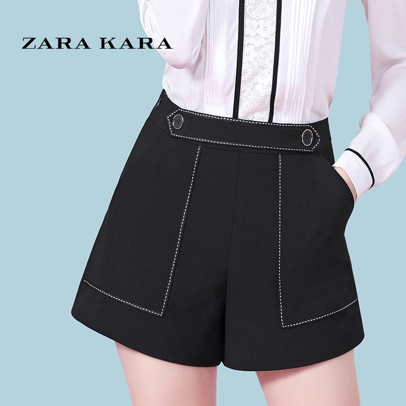 ZARA KARA高腰短裤女装修身显瘦百搭黑色阔腿裤休闲裤子2018春夏季新款