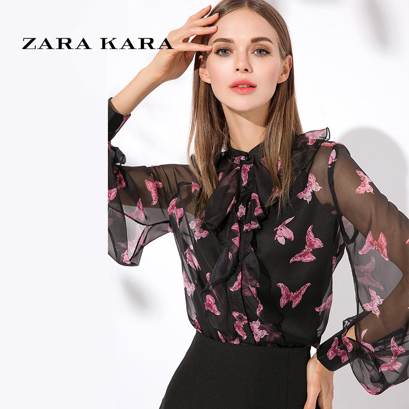 ZARA KARA透视灯笼长袖碎花雪纺衫时尚印花小衫荷叶边上衣2018春装新款