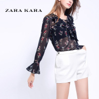ZARA KARA喇叭袖荷叶边碎花雪纺衫长袖宽松透视印花上衣小衫2018夏春装
