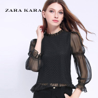 ZARA KARA透视网纱灯笼袖蕾丝衫雪纺女修身镂空小衫荷叶边上衣2018春装