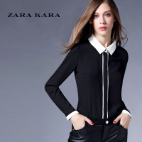 ZARA KARA2018春装新款POLO领长袖黑白撞色修身时尚衬衫女装衬衣上衣B