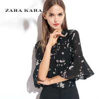 ZARA KARA七分喇叭袖碎花雪纺衫时尚印花上衣系带小衫百搭2018春装新款