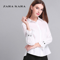 喇叭袖白色棉麻衬衫长袖修身百搭前短后长衬衣女2018春装新款B