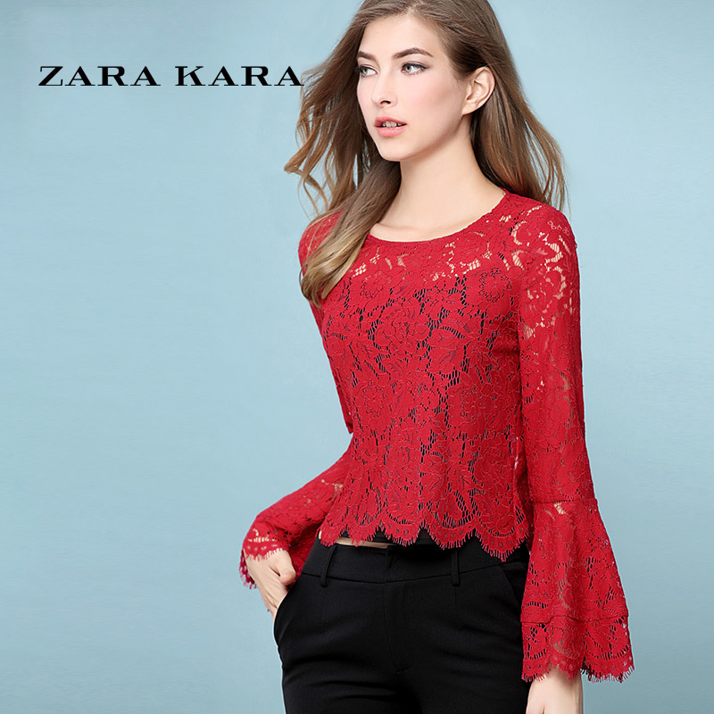 ZARA KARA红色镂空蕾丝衫打底小衫喇叭袖长袖修身显瘦短款上衣2018春装