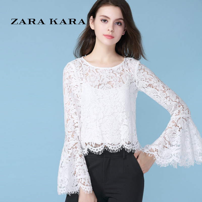 ZARA KARA红色镂空蕾丝衫打底小衫喇叭袖长袖修身显瘦短款上衣2018春装