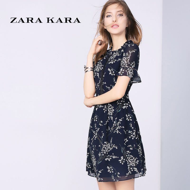 ZARA KARA镂空喇叭短袖雪纺连衣裙印花修身显瘦气质裙子2018夏新款女装图片
