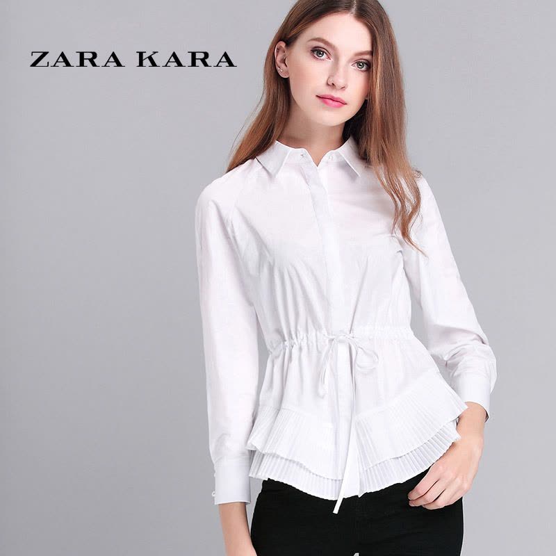 ZARA KARA荷叶边收腰白色衬衫女长袖棉麻衬衣系带休闲上衣2018春装新款B图片