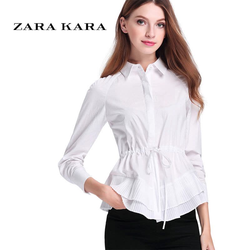 ZARA KARA荷叶边收腰白色衬衫女长袖棉麻衬衣系带休闲上衣2018春装新款B图片