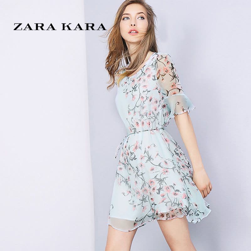 ZARA KARA喇叭袖真丝连衣裙印花桑蚕丝收腰显瘦2018夏装新款气质女装图片