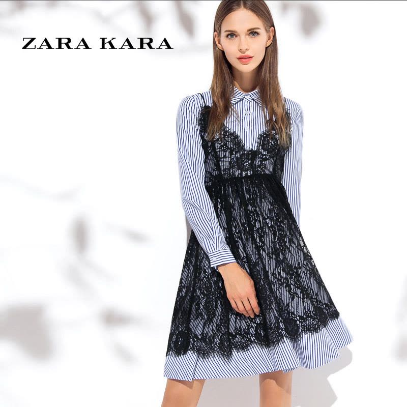 ZARA KARA2018春装新款条纹衬衫时尚连衣裙吊带蕾丝裙子两件套装裙收腰图片