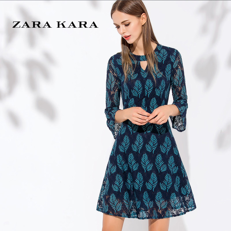 ZARA KARA2018春秋新款女装时尚喇叭长袖圆领口开洞性感蕾丝连衣裙复古
