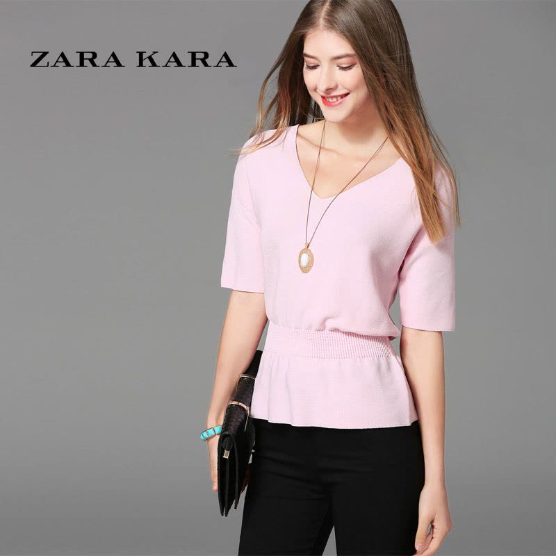 ZARA KARA粉色个性短袖t恤V领韩版针织打底衫时尚上衣夏2018春装新款B图片