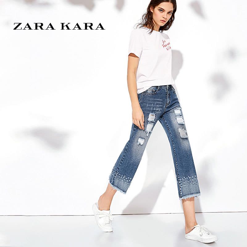 ZARA KARA毛边破洞牛仔裤女九分裤宽松韩版百搭阔腿裤子2018春装新款潮A图片