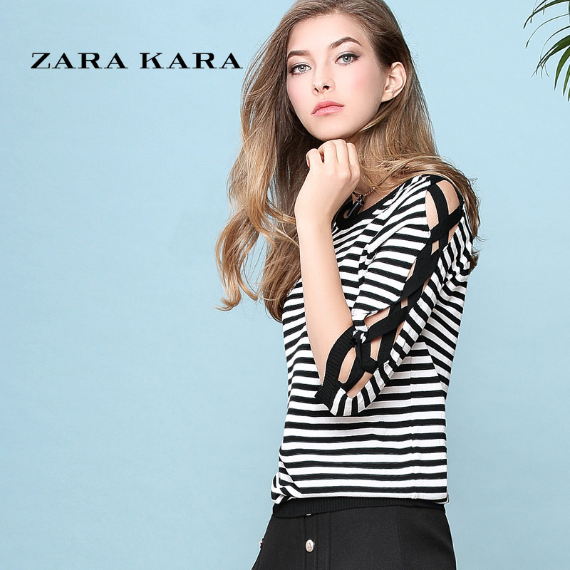 ZARA KARA黑白条纹打底衫圆领女士t恤韩版中长袖上衣2018春装新款体恤