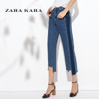 ZARA KARA2018春装新款 不规则下摆九分裤撞色拼接牛仔裤子显瘦阔腿裤潮