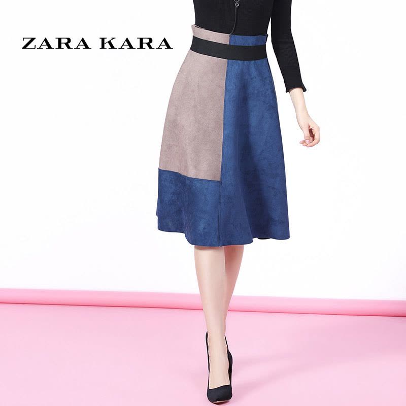 ZARA KARA撞色中长款鹿皮绒半身裙春装伞裙高腰A字半裙子2018春装新款图片