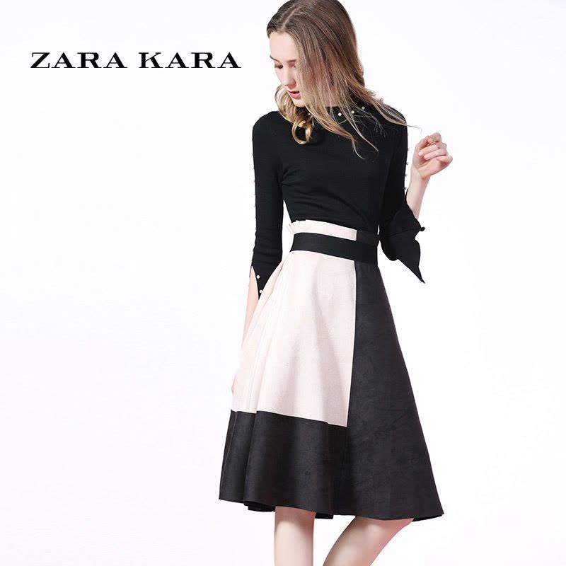 ZARA KARA撞色中长款鹿皮绒半身裙春装伞裙高腰A字半裙子2018春装新款图片