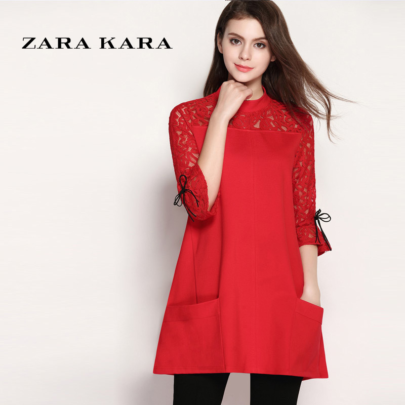 ZARA KARA蕾丝镂空红色连衣裙修身显瘦时尚针织A字型裙子2018春装新款女