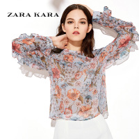 ZARA KARA荷叶边田园风碎花雪纺衫时尚印花甜美气质上衣小衫2018春夏款B
